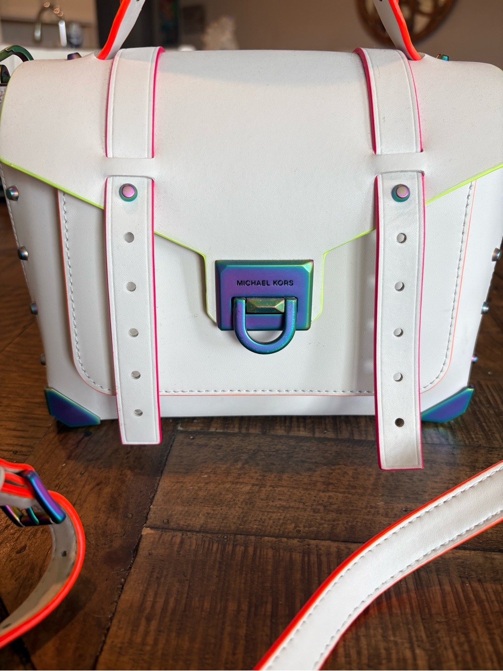 MICHAEL KORS White Satchel with Neon Trim and Michael Kors Wallet set - Picture 3 of 16